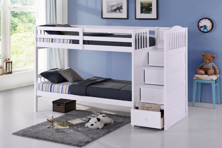 Horizontal Slats Wood Bunk Bed With Right-hand Staircase – Shluf Mattress