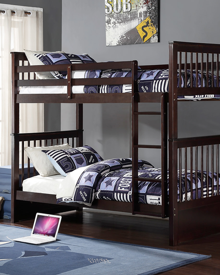 Horizontal Slats Wood Bunk Bed with Ladder