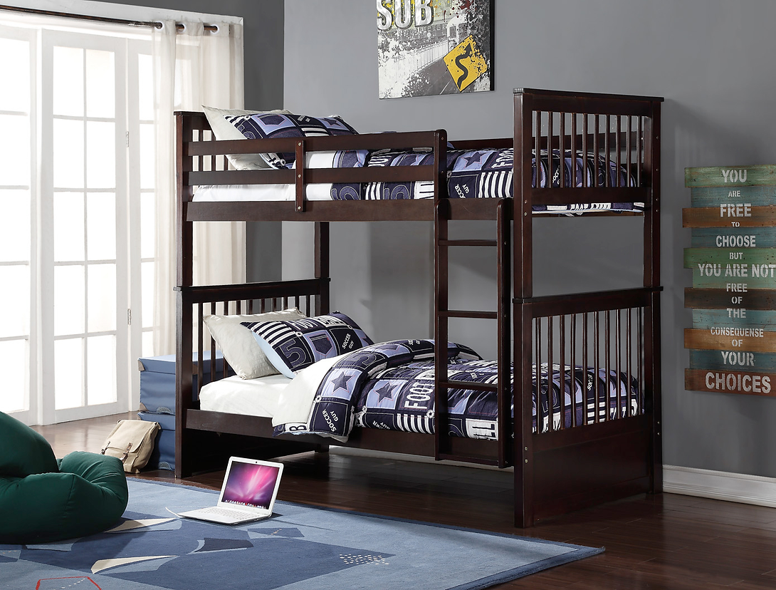 Horizontal Slats Wood Bunk Bed with Ladder