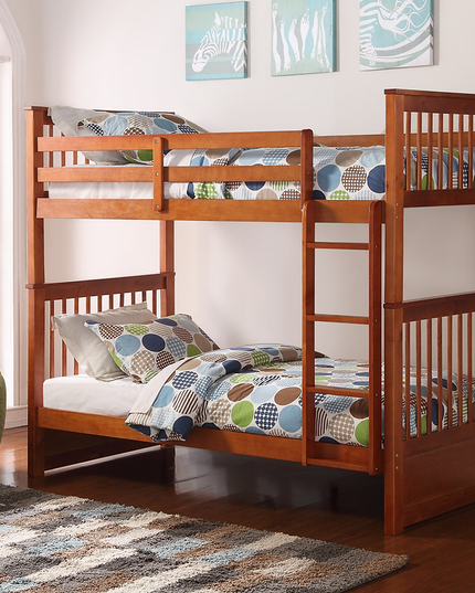 Horizontal Slats Wood Bunk Bed with Ladder