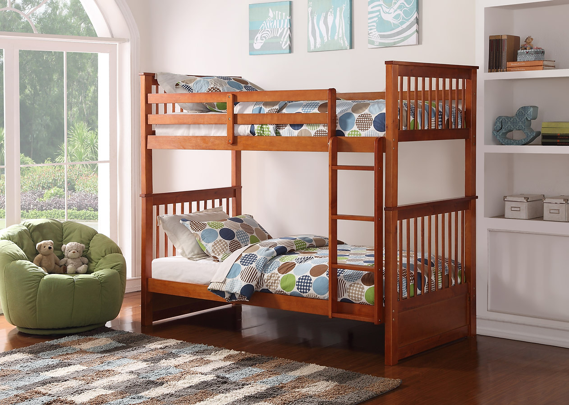 Horizontal Slats Wood Bunk Bed with Ladder