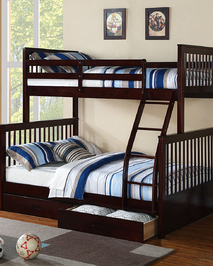 Horizontal Slats Wood Bunk Bed with Ladder