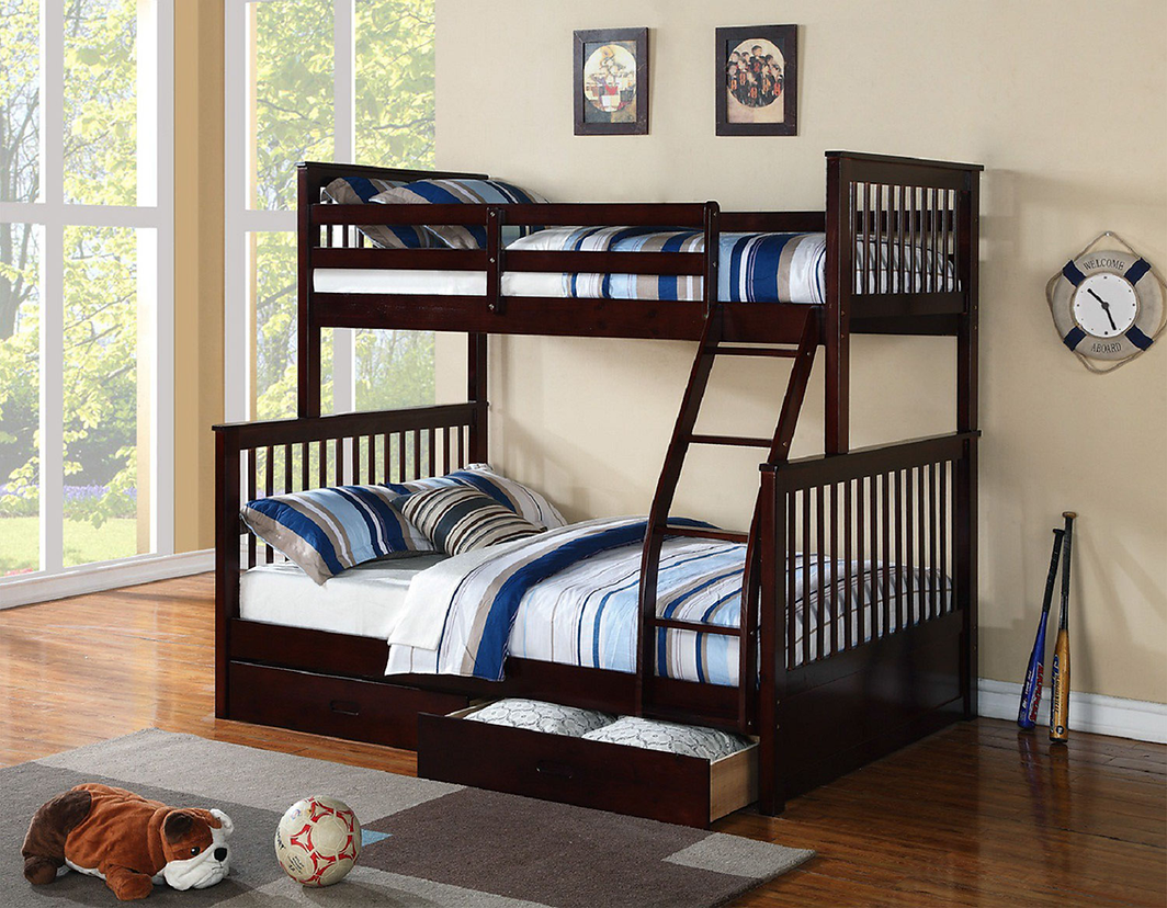 Horizontal Slats Wood Bunk Bed with Ladder