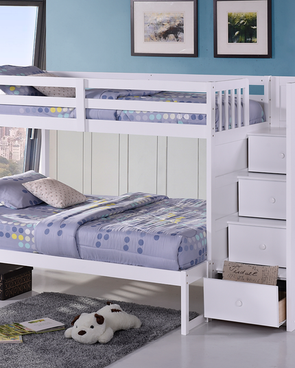 Horizontal Slats Wood Bunk Bed with Right-hand Staircase