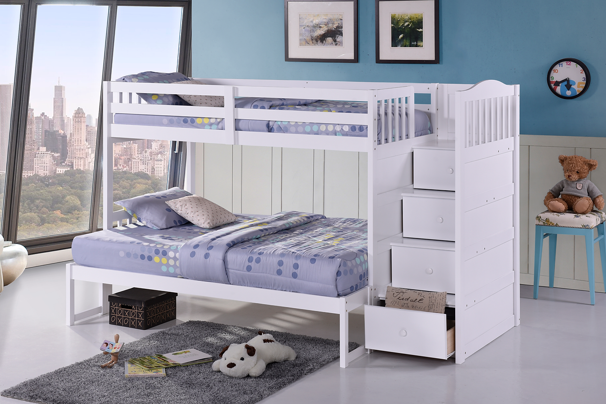 Horizontal Slats Wood Bunk Bed with Right-hand Staircase