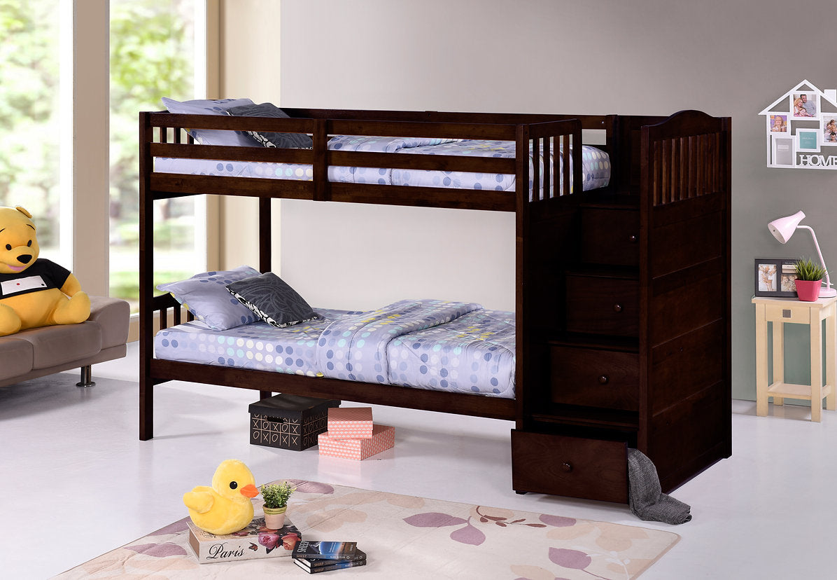 Horizontal Slats Wood Bunk Bed with Right-hand Staircase