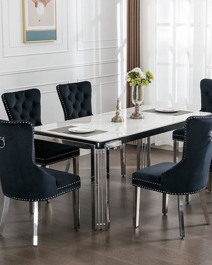 Ceramic Marble Chrome Dining Set with Velvet Chairs