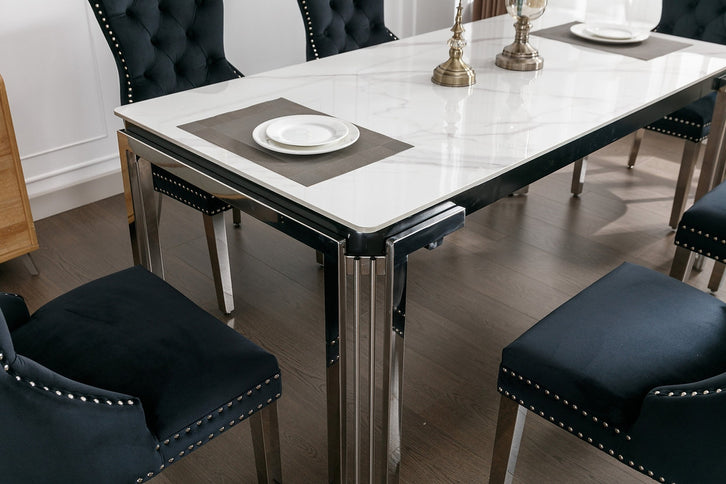 Ceramic Marble Chrome Dining Set with Velvet Chairs