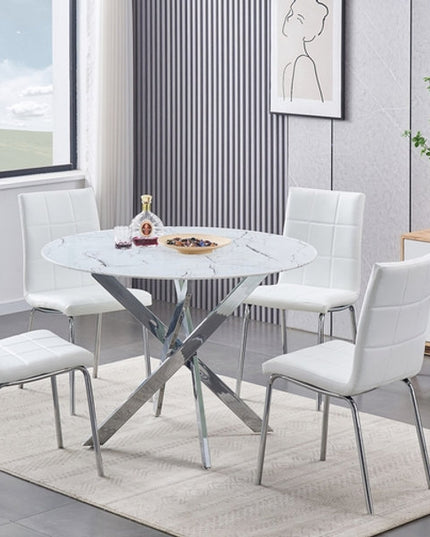 Round Tempered Marble Glass Dining Set with Chairs