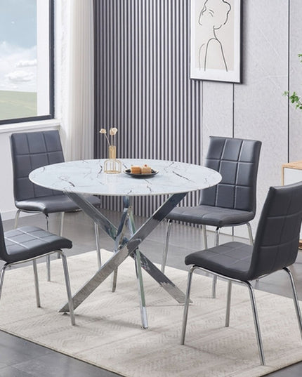 Round Tempered Marble Glass Dining Set with Chairs