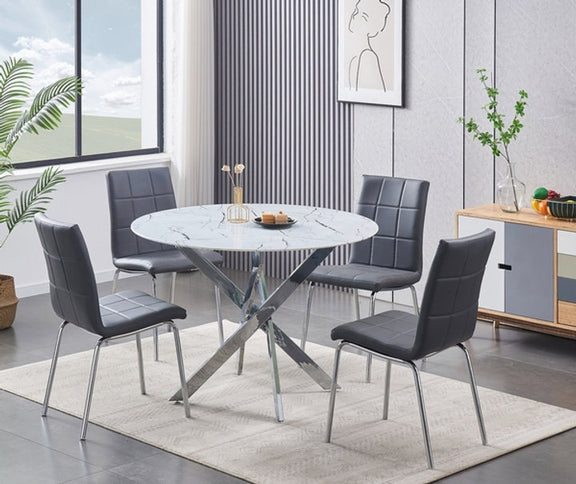 Round Tempered Marble Glass Dining Set with Chairs
