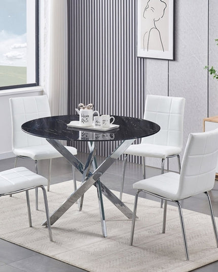 Round Tempered Marble Glass Dining Set with Chairs