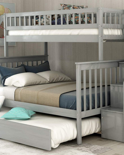 Vertical Slats Wood Tall Staircase Bunk Bed with Trundle and Shelving