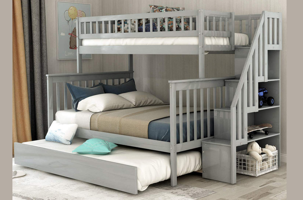 Vertical Slats Wood Tall Staircase Bunk Bed with Trundle and Shelving