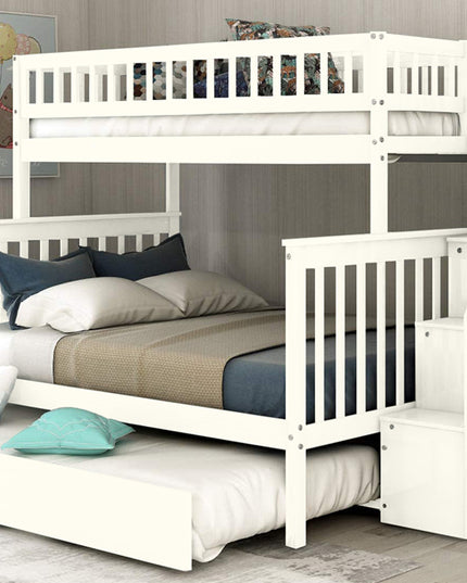 Vertical Slats Wood Tall Staircase Bunk Bed with Trundle and Shelving